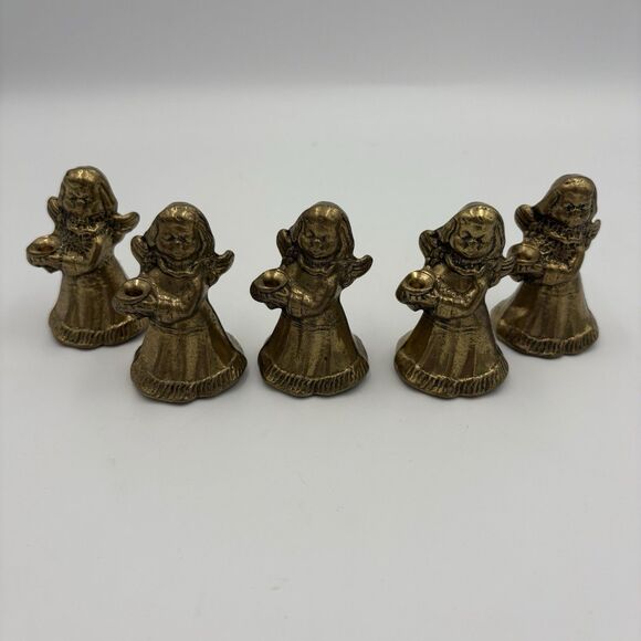 Vintage Christmas Angel Candle Holders, Brass cast 2.5 inch high- Set If 5 - Picture 3 of 7